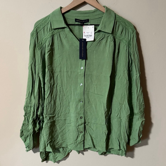 Adrienne Vittadini Tops - Crinkle Gauze Button Up Collared Blouse